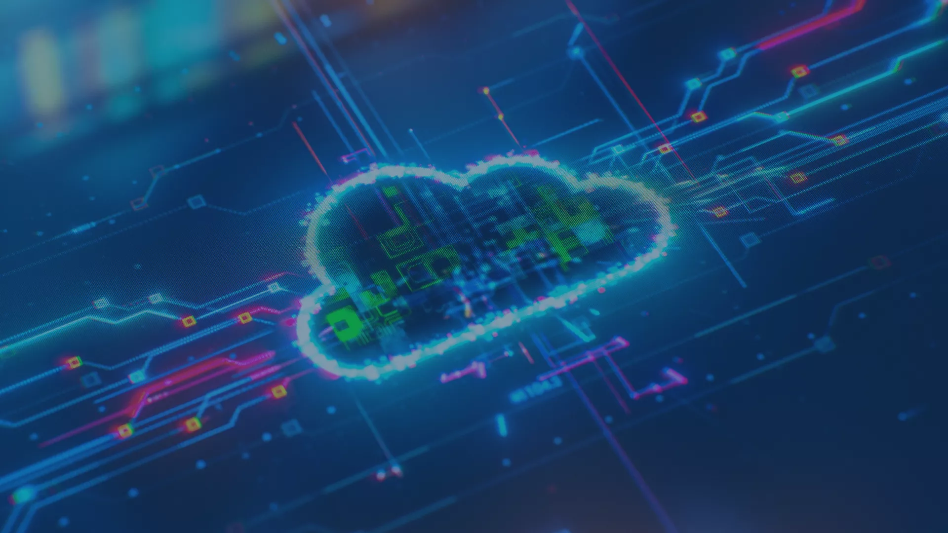 Visualisierung einer digitalen Cloud mit integrierten Sicherheits- und Netzwerkstrukturen auf einem abstrakten, technologischen Hintergrund.