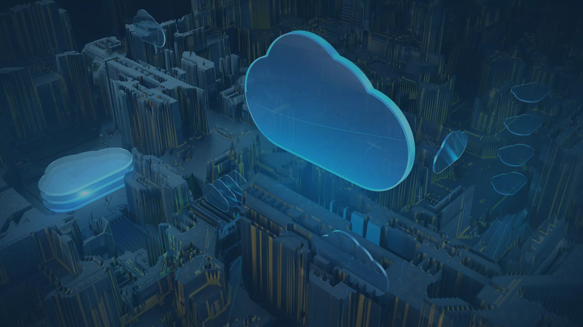 3D-Darstellung einer digitalen Stadtlandschaft mit leuchtenden Cloud-Symbolen, die Cloud-Computing und Dateninfrastruktur symbolisieren.