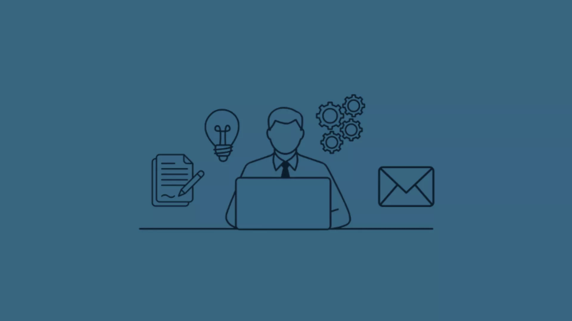 Illustration einer Person am Laptop, umgeben von Symbolen für Self-Service-Prozesse wie Dokumente, Glühbirne, Zahnräder und E-Mail. Das Bild steht sinnbildlich für effiziente, automatisierte und nutzerorientierte digitale Serviceprozesse, wie sie moderne Self-Service-Portale im Rahmen der digitalen Transformation ermöglichen.