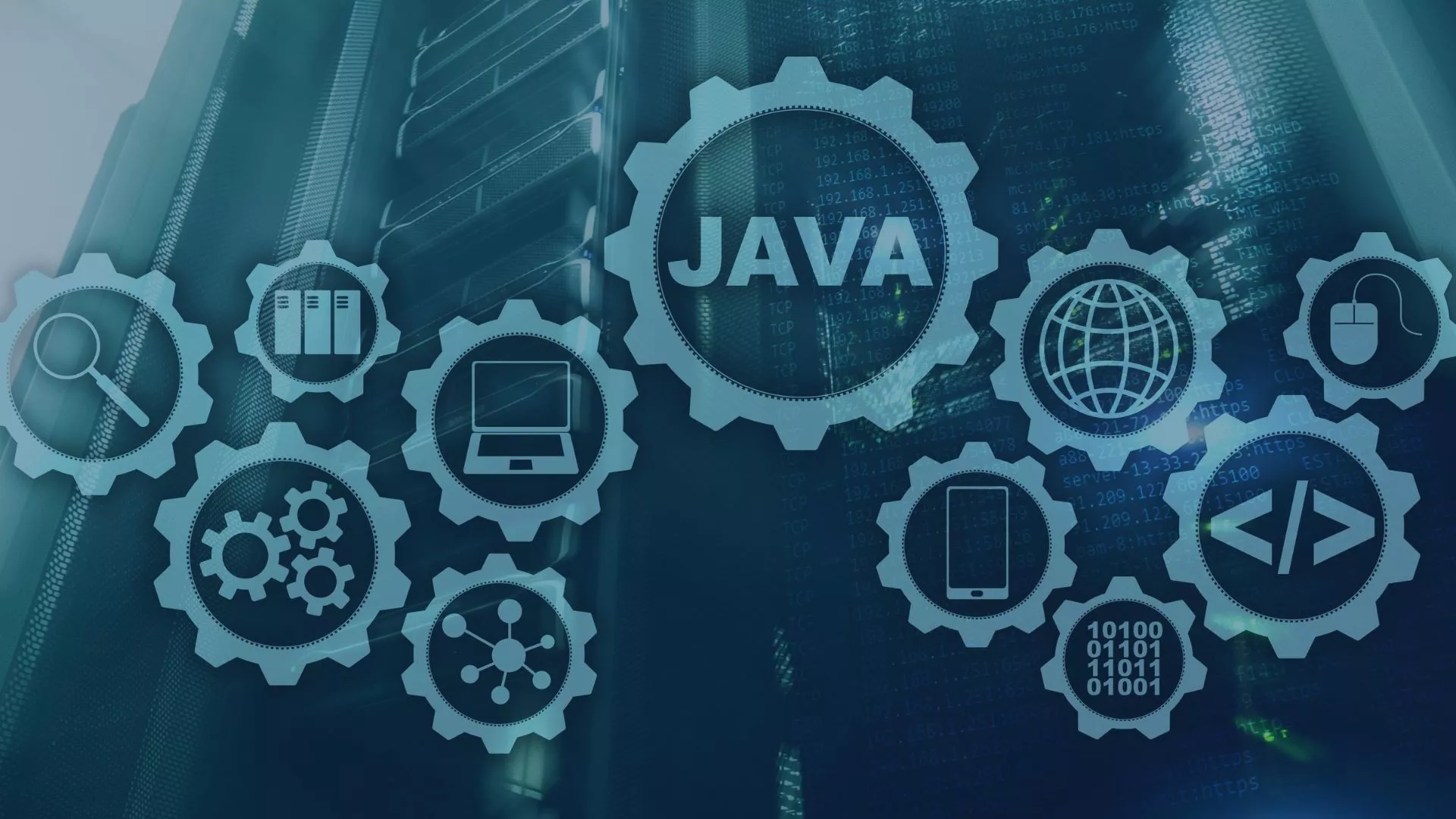 Grafische Darstellung zur Java-Softwareentwicklung mit Zahnrad-Symbolen rund um das Wort „JAVA“. Die Icons stehen für Stabilität, Skalierbarkeit, Sicherheit, moderne Frameworks wie Spring oder Kotlin, sowie für Themen wie Webentwicklung, Datenverarbeitung, Tools und Automatisierung. Das Bild symbolisiert die Kompetenz des Java Competence Centers von audius und Ergonomics AG, das durch Expertise, bewährte Best Practices und technologische Vielfalt hochwertige, zukunftssichere Softwarelösungen für geschäftskr