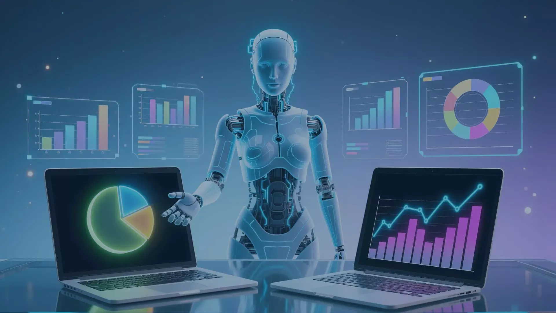 Humanoider Roboter mit transparentem blauem Design sitzt an einem Schreibtisch zwischen zwei Laptops und interagiert mit holografischen Datenvisualisierungen, darunter Balkendiagramme, Kreisdiagramme und Wachstumskurven, die im Raum schweben - symbolisiert künstliche Intelligenz bei der Datenanalyse