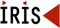 IRIS Unternehmenslogo: Markanter schwarzer Schriftzug „IRIS“ mit roten Dreiecks-Akzenten über den Buchstaben und einem großen roten Pfeil-Element auf der rechten Seite.