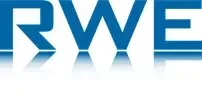 Blauer RWE Schriftzug in serifenlosen Großbuchstaben mit einer spiegelnden Reflexion nach unten