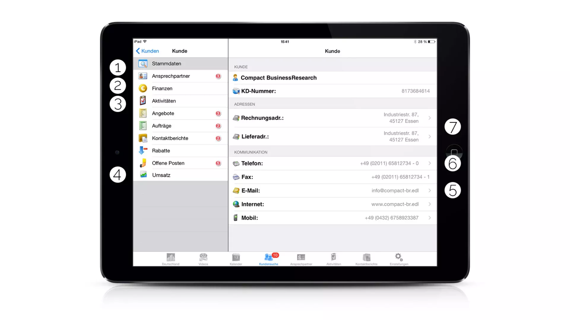 Tablet view of the audius Mobility Platform showing a customer record with sections such as master data, contacts, finances, activities, and communication details for use in sales.
